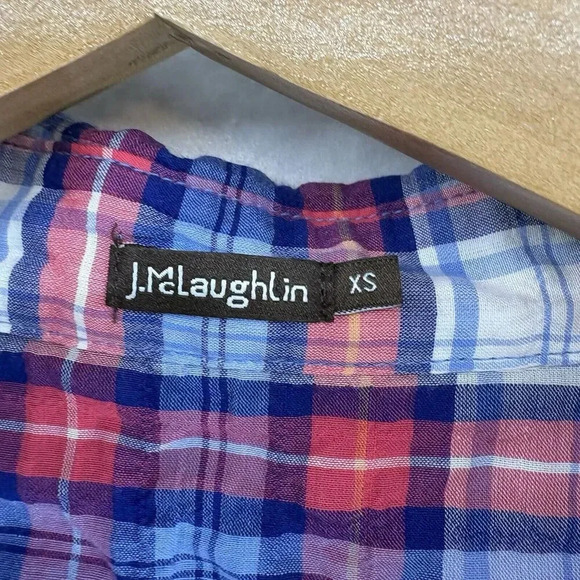 J. McLaughlin Women's XS Button-Up Red‎ And Blue Plaid Long Sleeve Crinkle Top - Picture 7 of 8
